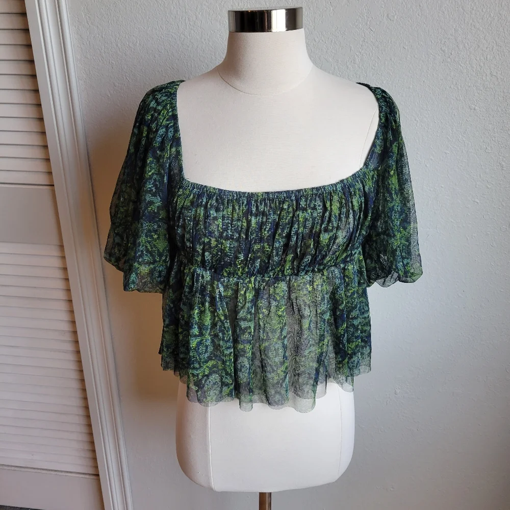 Free People Green Navy Floral Puff Sleeve Peplum Blouse
